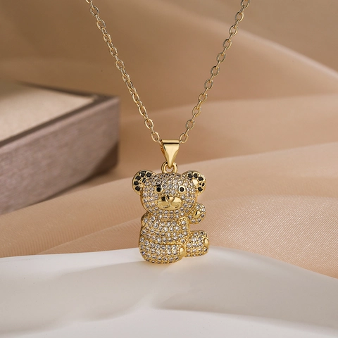 Collana con Pendente Orsetto in Rame e Zirconia Placcata Oro Catena a Clavicola Animale Minimalista Gioielli alla Moda da Donna