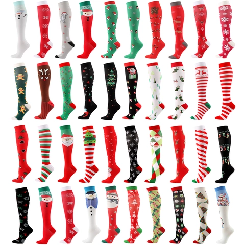 Chaussettes De Compression De Noël Pour Hommes Femmes Nylon Élastique Bas Longs Motifs Festifs Renne Père Noël Flocons De Neige