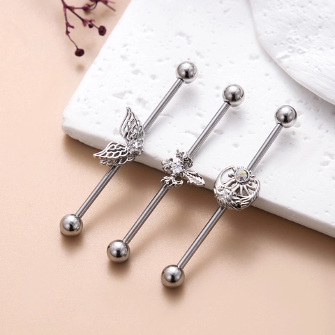 Industrial Barbell Earring Stainless Steel Zircon Cartilage Piercing Jewelry Heart Wing Moon Punk Style For Women Men