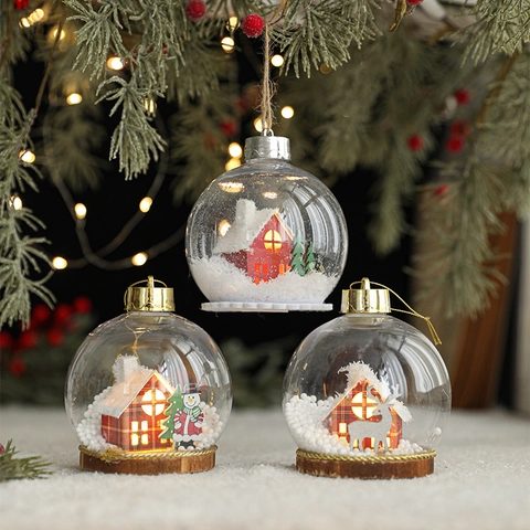 Bolas de Navidad Transparentes LED Con Paisaje Nevado Miniatura Cabaña Reno Muñeco de Nieve Decoraciones de Fiesta