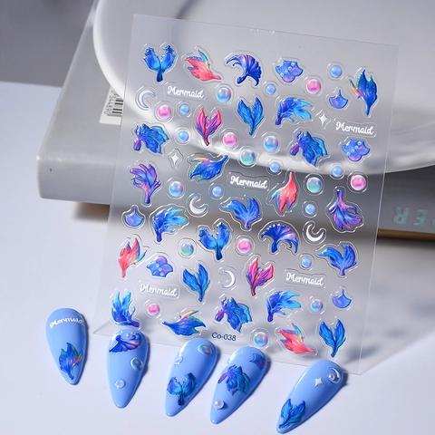 Autocollants Pour Ongles 5D Relief Queue De Sirène Coquille Thème Océan Dessin Animé Auto Adhésif Étanche
