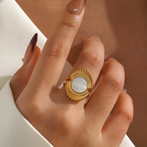 Anillo De Acero Inoxidable Vintage Redondo Esmalte Geometrico Chapado En Oro Ajustable Abierto Joyeria Para Mujer