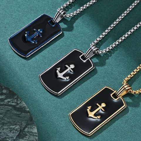 Collana Con Pendente Ancora Acciaio Inossidabile Stile Hip Hop Nautico Retro Targhetta Rettangolare Gioielli Da Uomo