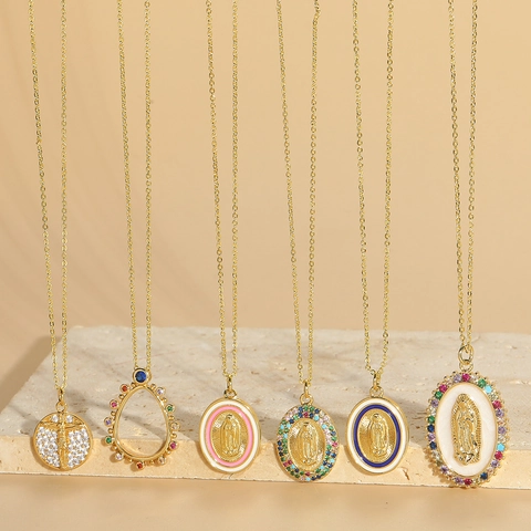 Vintage Copper Zirconia Saint Mary Pendant Necklace For Women Religious Enamel Oval Cross Gold Color Clavicle Chain Jewelry