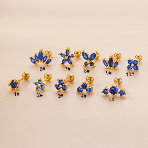 Cartilage Stud Earrings Royal Blue Zircon Flower Crown Stainless Steel Double Screw Ball Back Thin Bar Piercing For Women
