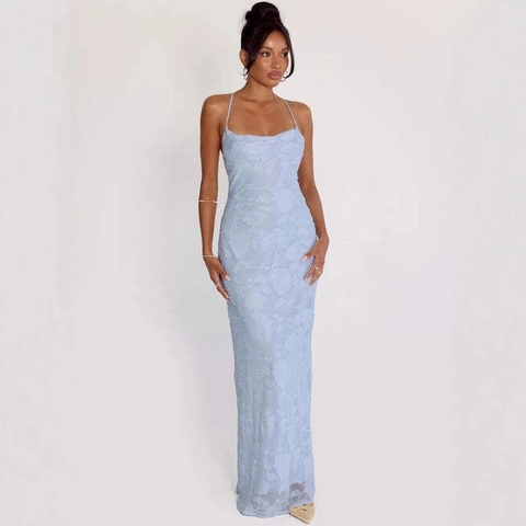 Damen Spaghetti Träger Maxikleid Jacquard Hellblau Rückenfrei Sexy Figurbetont Abendparty Urlaub Elegantes Langes Kleid