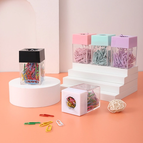 Magnetic Paper Clip Dispenser Square Transparent Plastic Desk Organizer With Colorful Metal Clips Macaron Tone Stationery