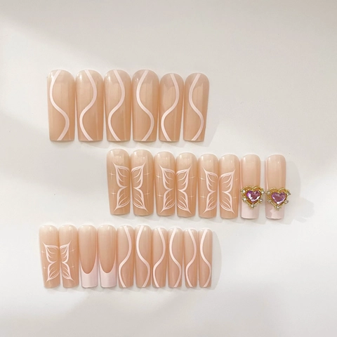 Uñas Postizas Largas Ataúd Estilo Francés Rosa Nude Mariposa Corazón Diamantes Imitación Elegante Glamour Manicura Puntas Artificiales