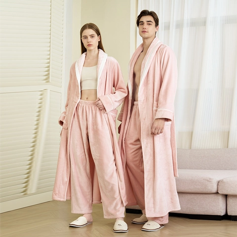 Peignoir En Flanelle Et Pantalon Pyjama Épais Chaud Polaire Vêtements De Détente Manches Longues Pour Couples Hommes Femmes