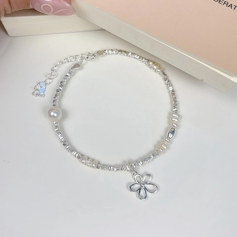 S925 Sterlingsilber Blume Süßwasserperle Armband Für Damen Süß Minimalistisch Handgefertigt Crushed Silber Schmuck Geschenk