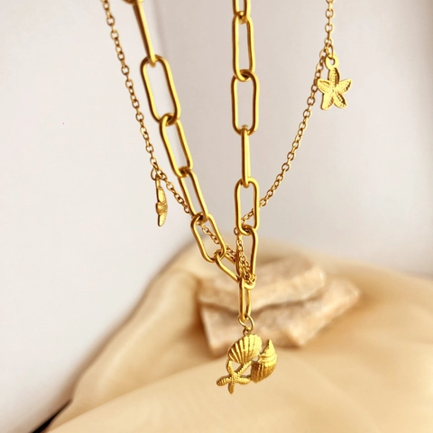 Collier Double Couche Bohème en Acier Inoxydable pour Femme Plaqué Or 18K Perle Artificielle Étoile de Mer Bijoux de Plage