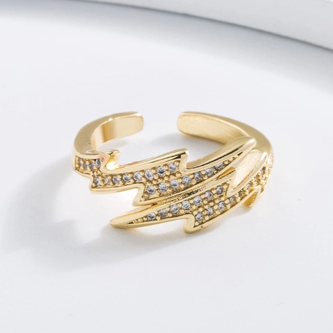 Lightning Bolt Open Ring Copper 18K Gold Plated Micro Pave Zircon Geometric Adjustable Fashion Jewelry For Women
