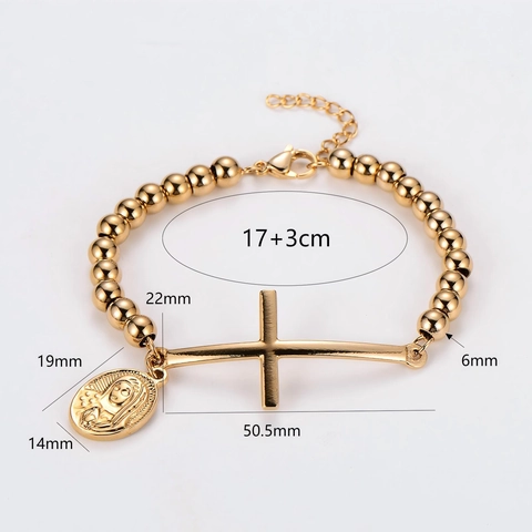 Bracciale Perline Acciaio Inossidabile Croce Orizzontale Medaglia Religiosa Ciondolo Gioielli Moda Uomo Donna