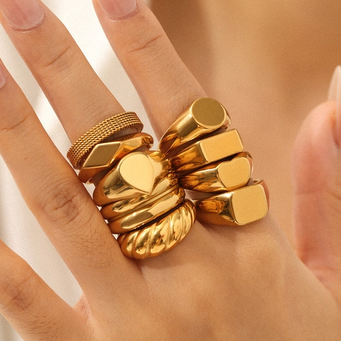 Anelli A Sigillo Minimalisti Da Donna Acciaio Inossidabile Placcato Oro 18K Geometrico Cuore Quadrato Lucidato Gioielli