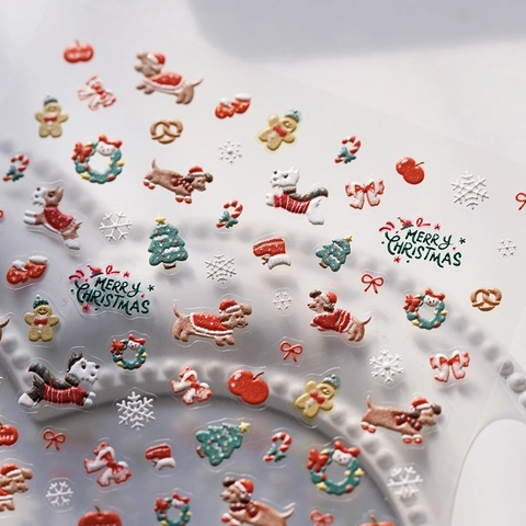 Autocollants Ongles Noël Relief 5D Auto Adhésifs Dessin Animé Chien Bonhomme De Neige Manucure Fête DIY