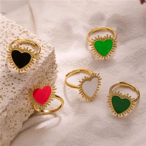 Heart Shaped Copper Adjustable Ring With Enamel Oil Drip And Radiating Beads Sunburst Design Vintage Jewelry For Women