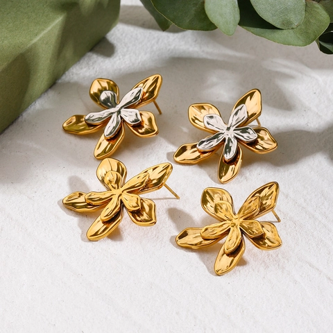 Flower Stud Earrings Stainless Steel Gold Silver Dual Tone Hammered Texture Vacation Fashion Jewelry For Women