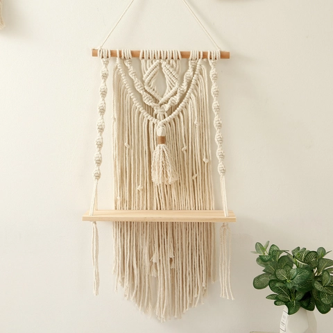 Handmade Macrame Wall Hanging Shelf Cotton Rope Wood Floating Shelves Bohemian Tassel Home Decor Rack