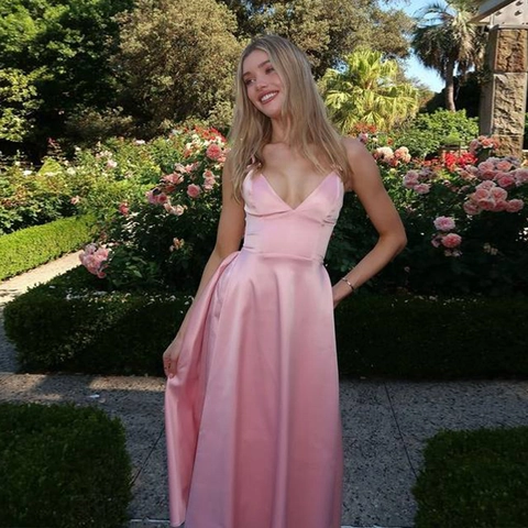 Satin Maxikleid Sexy V-Ausschnitt Rückenfrei Ärmellos A-Linie Abendkleid Rosa Verstellbare Träger Für Damen Sommer