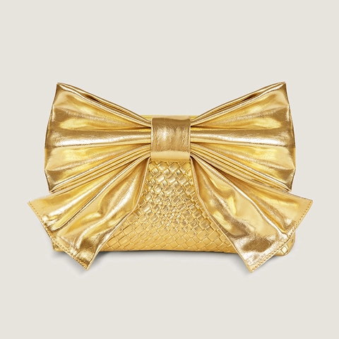 Bowknot Crossbody Bag Metallic PU Leather Large Bow Woven Texture Evening Clutch Purse With Chain Strap For Women