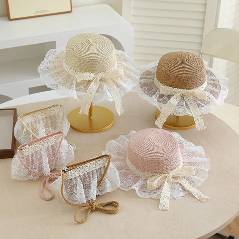 Sun Hat And Mini Bag Paper Straw Lace Bow Breathable Summer Beach Vacation Sweet Princess Style Girls Kids
