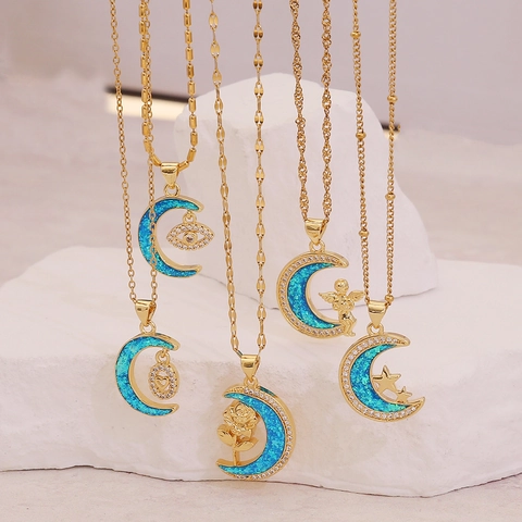Halskette Mit Halbmond Anhänger Kupfer Edelstahl Blauer Synthetischer Opal Straß Engel Rose Herz Stern Gold Plattiert