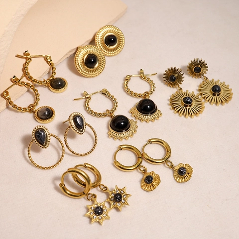 Orecchini A Stella Vintage Per Donna Acciaio Inossidabile Placcato Oro 14K Pietra Naturale Gioielli Retro
