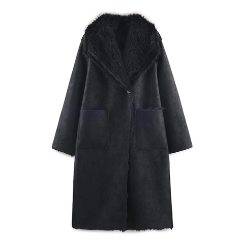 Women Faux Fur Long Coat Reversible Suede Jacket Lapel Winter Outwear Elegant Oversized Pockets Fashionable Warm Top