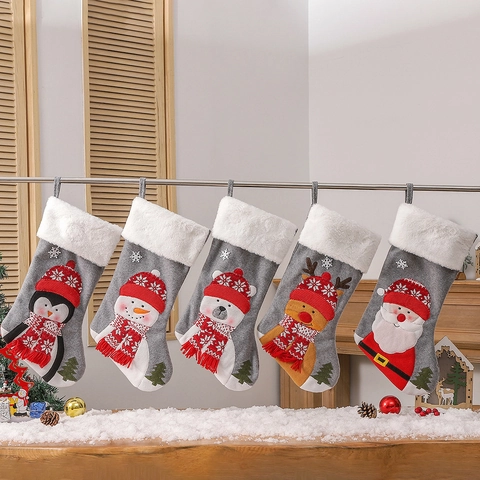 Christmas Stockings Xmas Gift Bags Grey Felt 3D Applique Character White Faux Fur Cuff Holiday Home Party Decoration