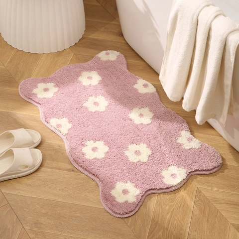 Tapis De Bain Floral Absorbant Antidérapant Peluche Bordure Ondulée Motif Fleur Polyester Décor Maison