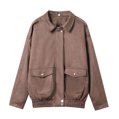 Giacca Bomber Da Donna Effetto Scamosciato Casual Allentata Colletto A Revers Cerniera Capispalla Con Grandi Tasche A Patta