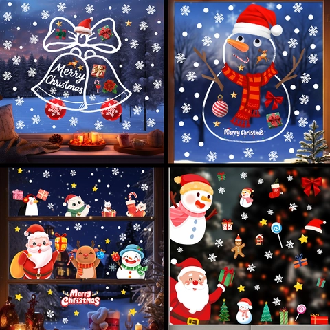 Christmas Window Stickers PVC Static Cling Santa Snowman Reindeer Waterproof Reusable Home Glass Decor Festive