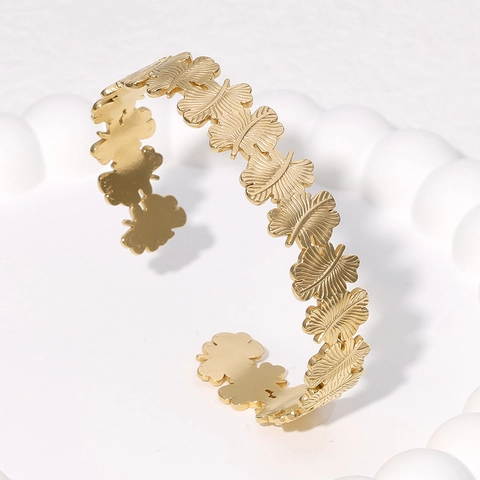 Bracciale A Polsino Con Texture A Foglia Acciaio Inossidabile Placcato Oro Aperto Regolabile Per Donna Stile Naturale Gioielli Eleganti