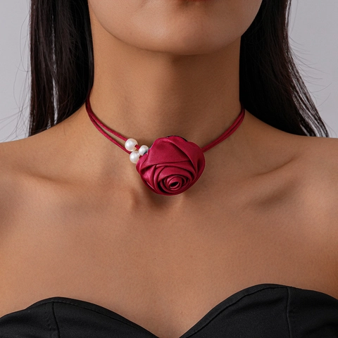 Collana Choker Con Fiore Di Rosa In Raso E Perla Artificial Sintetica Doppio Cordino Regolabile Gioiello Elegante Vintage Da Donna