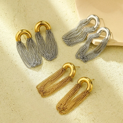 Stainless Steel Tassel Dangle Earrings U-Shape Curved Chain Long Fringe Fashion Jewelry For Women Elegant C-Design