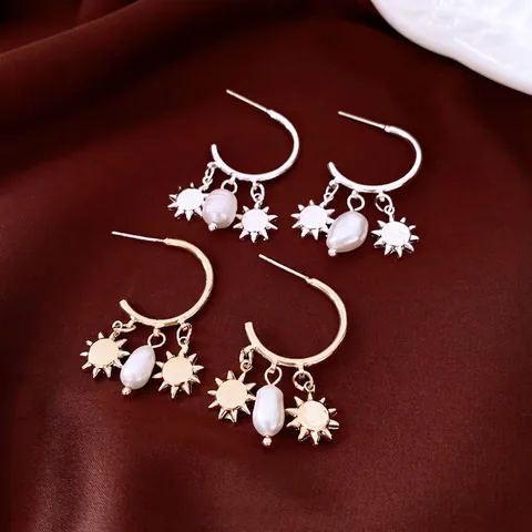 Pendientes De Aro C Retro Con Colgante De Sol Aleación Perla Artificial De Agua Dulce Barroca Y Poste De Plata Esterlina 925 Para Mujeres