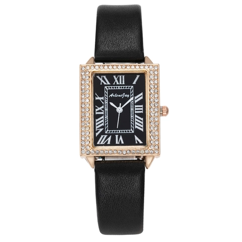 Women's Square Quartz Watch Rhinestone Bezel PU Leather Strap Roman Numerals Vintage Fashion Luxury Wristwatch
