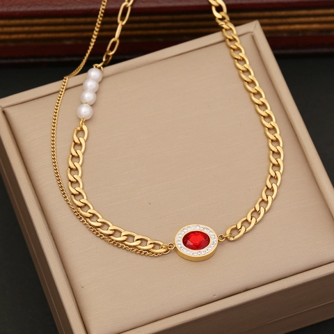 Collana A Doppio Strato In Acciaio Inossidabile Pendente In Zircone Rosso Perla Artificial Bianca Catena A Maglia Cubana Gioielli Placcati In Oro Per Donna