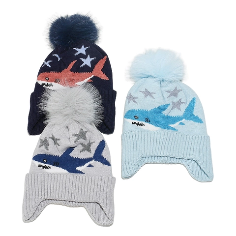 Kinder Gebreide Muts Met Oorklappen Fleecegevoerd Haaienpatroon Pompon Winter Warm Acryl Voor Jongens Meisjes