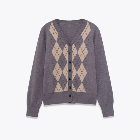 Cardigan In Maglia Argyle Da Donna Scollo A V Misto Lana Maglione A Maniche Lunghe Stile Preppy Grigio