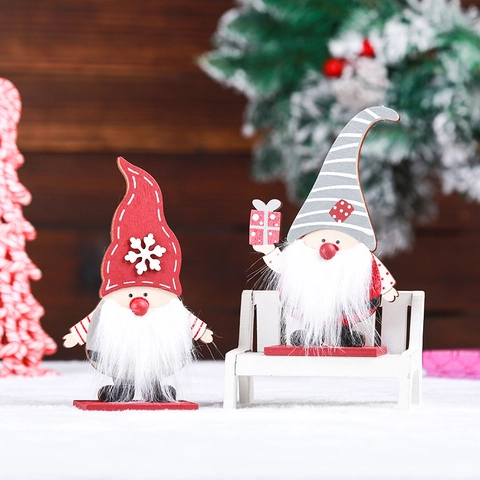 Christmas Wooden Gnome Standing Elder Desktop Ornament With Faux Fur Beard Gift Box Red Grey Hat Xmas Holiday Home Decoration