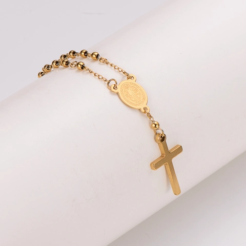Bracelet Chapelet Religieux Acier Inoxydable 304 Plaqué Or 18K Médaille Saint Benoît Pendentif Croix Bijoux Unisexe