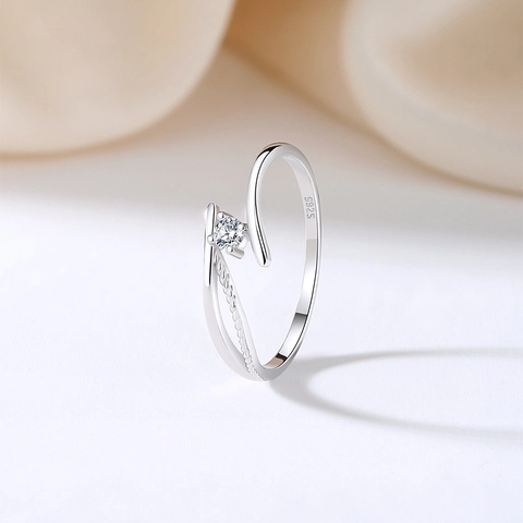 Anillo Bypass Minimalista de Plata de Ley S925 Con Zirconia Cúbica Anillo Ajustable Fino Abierto para Mujer Joyería Fina