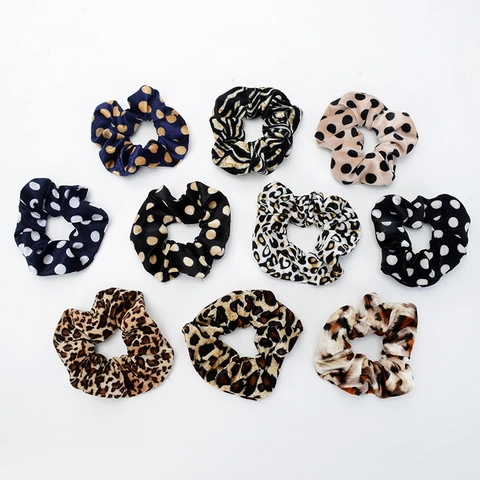 Soft Velvet Scrunchies Elastic Hair Ties Retro Leopard Polka Dot Zebra Animal Print Ponytail Holder For Women Accessory