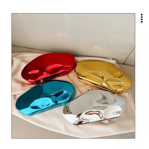 Irregular Stone Shape Clutch Bag Mirror Finish Metal Glossy Evening Handbag With Detachable Chain Strap For Party Women