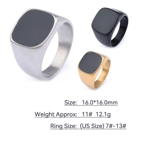 Anillo De Sello Hombre Acero Inoxidable Cuadrado Esmalte Negro Personalizado Minimalista Streetwear Moderno Mate Cepillado Pulido
