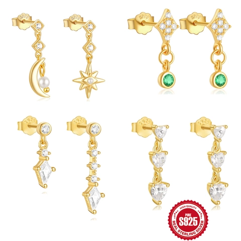 S925 Sterling Silver Asymmetric Moon Star Heart Zirconia Stud Earrings Gold Plated Emerald Accent Women Fashion Jewelry Gift