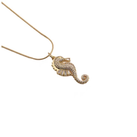 Collana Con Ciondolo Cavalluccio Marino Rame Placcato Oro Con Zirconi Catena A Serpente Gioielli Marini
