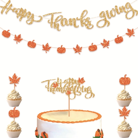 Glitter Happy Thanksgiving Banner Set Oranje Goud Pompoen Esdoornblad Slinger Cake Toppers Thanksgiving Feestversiering Voor Herfstoogst