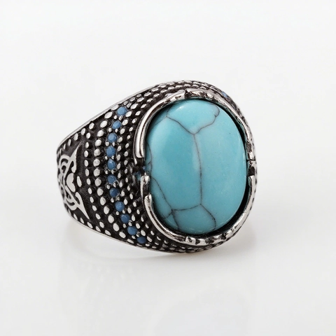 Vintage Herren Edelstahl Ring Ovaler Türkis Stein Graviert Böhmisch Ethnisch Retro Siegelring Schmuck